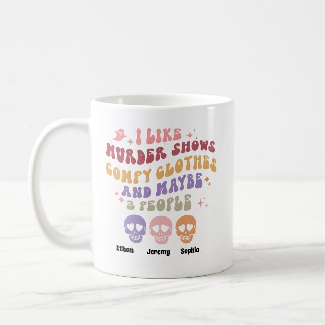 Jag gillar Murder visar 3 personer RETRO HALLOWEEN Kaffemugg (Vänster)