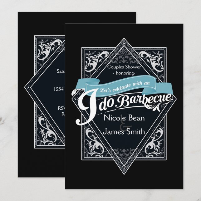 JAG GÖR BARBECUE BBQ Elegant Black & White Förlovn Inbjudningar (Fram/baksida)