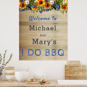 Jag gör BBQ Blommigt Wood Monogram Förlovning Välk Poster
