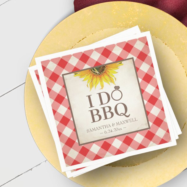 Jag gör BBQ-Dekorationer Pappersservett (I do bbq weddings napkins gingham and sunflower)