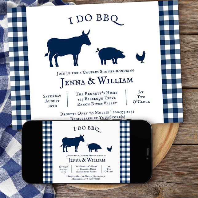 Jag gör BBQ Farmhouse Navy Blue Play Par Shower Inbjudningar (I DO BBQ couples shower grill themed invitation from my rustic farmhouse BBQ collection
)