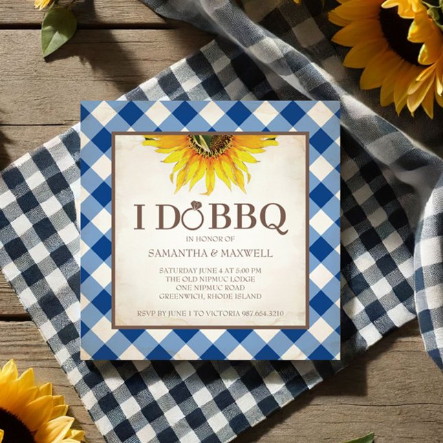 Jag gör BBQ Par Shower Inbjudningar (bbq bridal shower invitations features yellow sunflower and blue gingham print.)