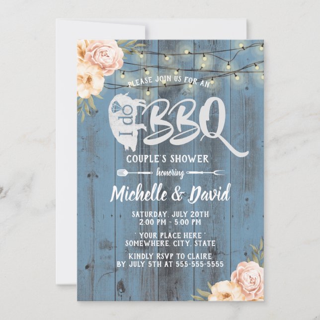 JAG GÖR BBQ Par Shower Rustic Dusty Blue-Blommigt Inbjudningar (Framsida)