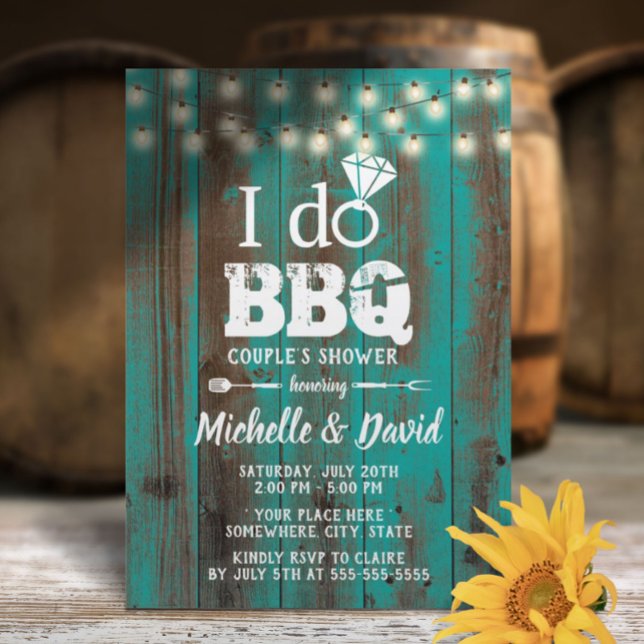 Jag gör BBQ Par Shower Rustic Teal Barn Wood Inbjudningar (Skapare uppladdad)