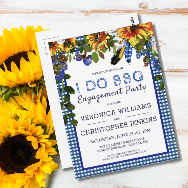 Jag gör BBQ Rustic Blommigt Blue Play Förlovning Vykort (I DO BBQ Rustic Floral Blue Checker Engagement Party Invitation Postcard)