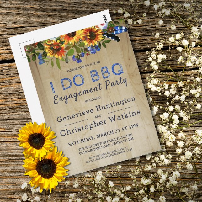 Jag gör BBQ Rustik Blommig Ladan Trä Förlovningsfe Vykort (I DO BBQ Rustic Sunflower Floral Barnwood Engagement Party Invitation Postcard)