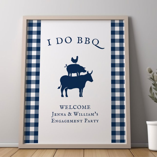 Jag gör BBQ Rustik bondgård Navyblå Rutig Välkomme Poster (Editable I DO BBQ Welcome Poster from my Rustic Farmhouse BBQ Bridal Shower)