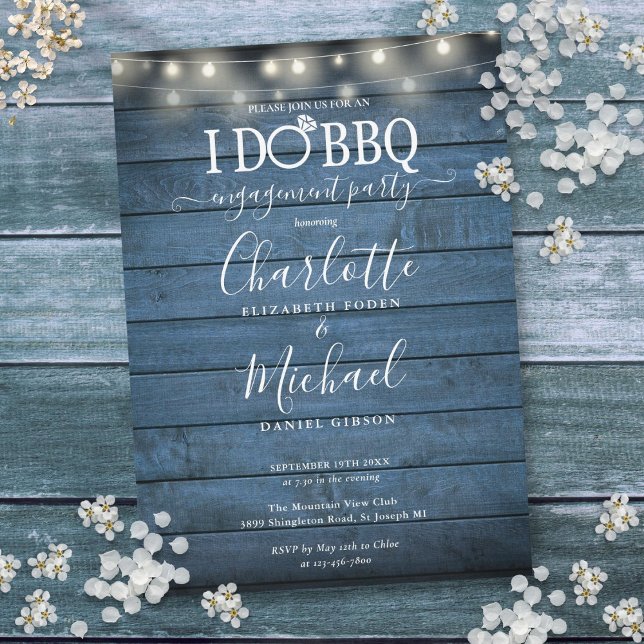 Jag gör BBQ Rustika Trästrängljus Förlovning Inbjudningar (I Do BBQ Rustic Wood String Lights Engagement Invitation)