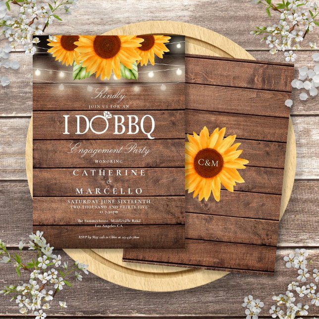Jag gör BBQ Solros Rustik Trä Förlovningsfest Inbjudningar (I Do BBQ Sunflower Rustic Wood Engagement Party Invitation)