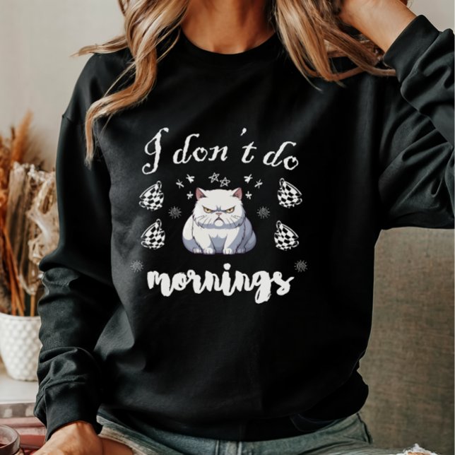 Jag gör inte Mornings-notering med vit katt T Shirt (Cute & funny!)