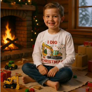 Jag gräver jul söta grävmaskin julgran lampor barn t shirt