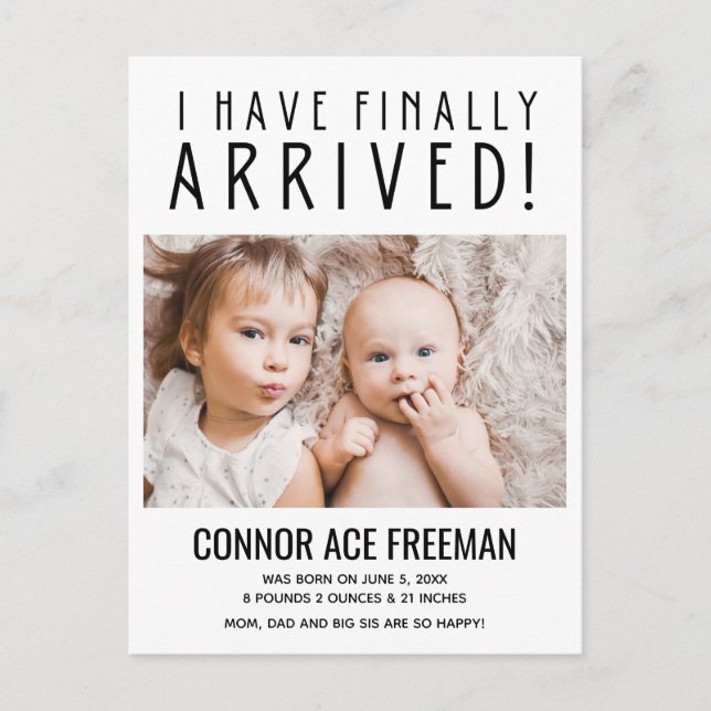 Jag har äntligen kommit till foto Pojke Birth Meddelande Vykort (Framsida)