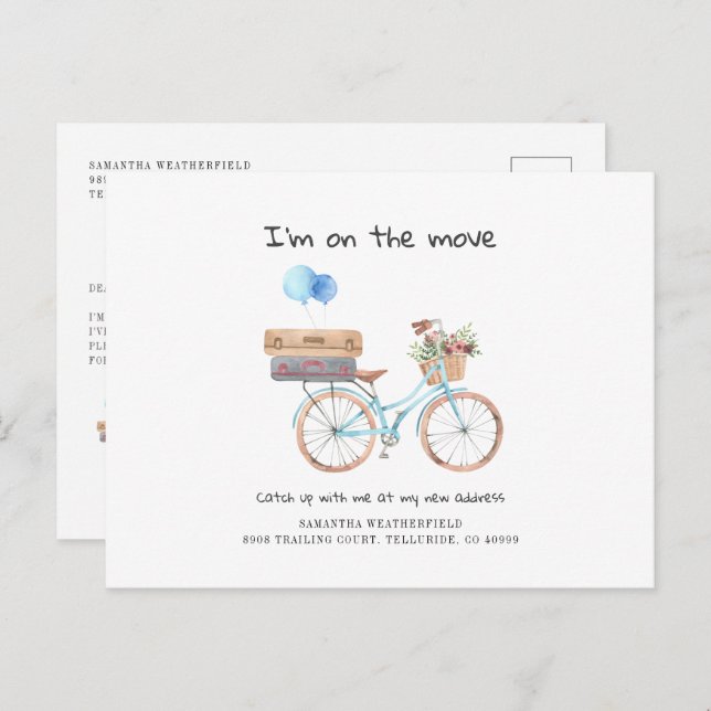 Jag har flyttat akvarell adressändring Blå cykel Meddelande Vykort (Fram/baksida)
