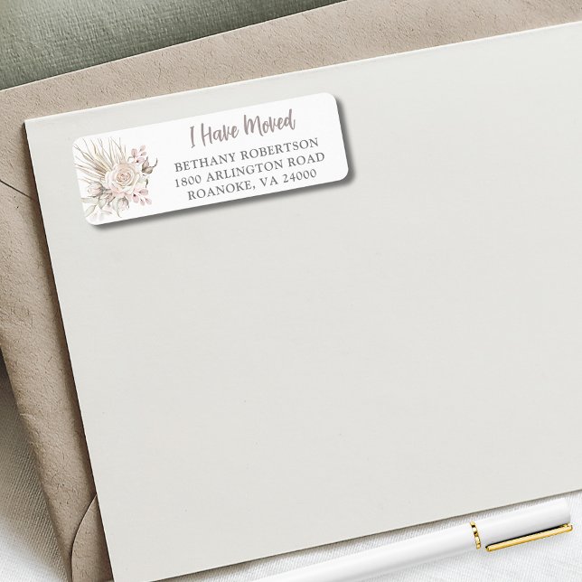 Jag Har Flyttat Boho Blommig Returadress Etikett (I Have Moved Boho Blush Pink Roses with Eucalyptus Return Address Label)