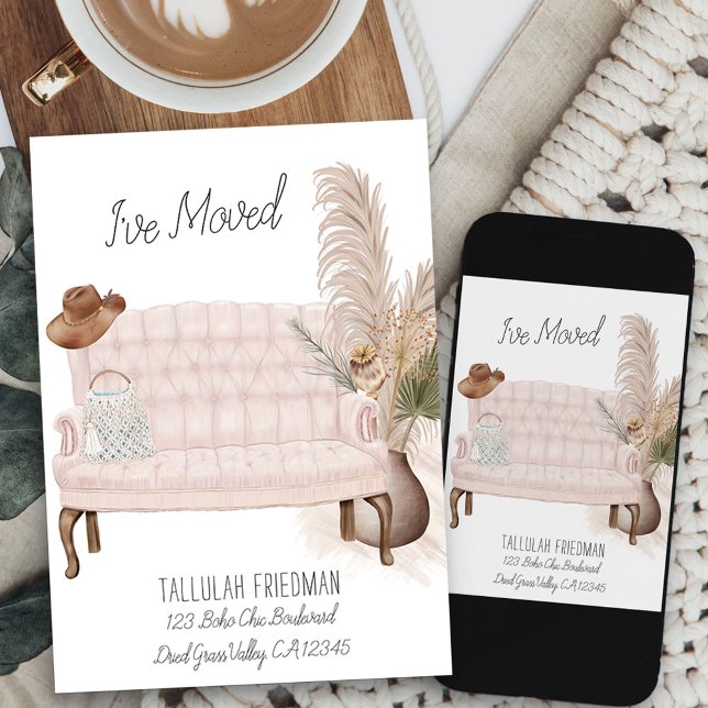 Jag har Flyttat Boho Chic Elegant Living Room Flyt Meddelande (boho chic living room new address card available printed or as printable digital download)