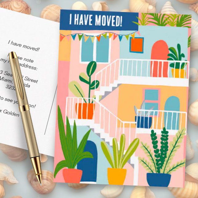 Jag har Flyttat bytet av det tropiska området Adre Vykort (Colorful apartment building moving announcement address change custom postcard - add your own text)