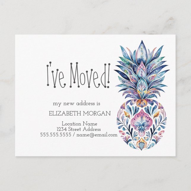 Jag har flyttat, Chic färgrik Ananas Ny adress  Meddelande Vykort (Framsida)