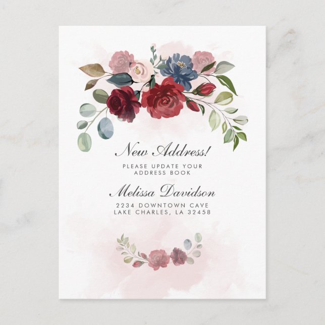 Jag har Flyttat Flytta om Burgundy Blommigt Vykort (Framsida)