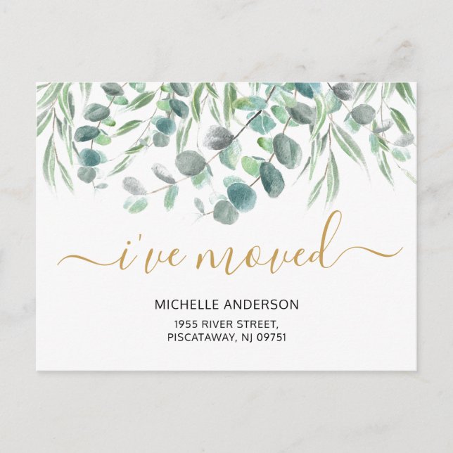 Jag har Flyttat modern eukalyptus botaniska Flytta Meddelande Vykort (Framsida)
