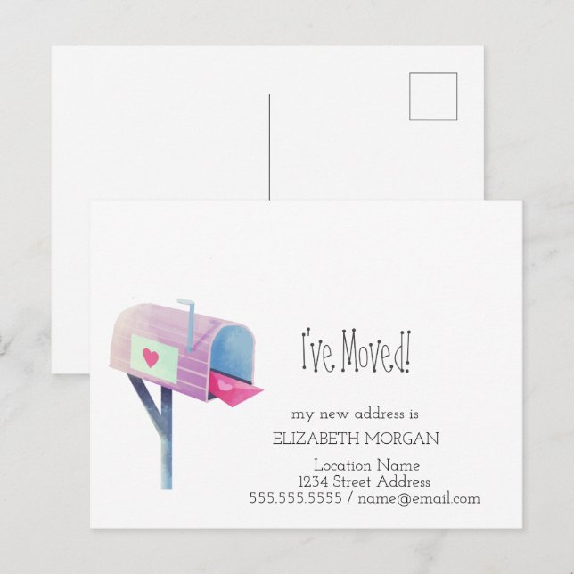Jag har Flyttat,Ny adress postlåda för vattenfärg Meddelande Vykort (Fram/baksida)