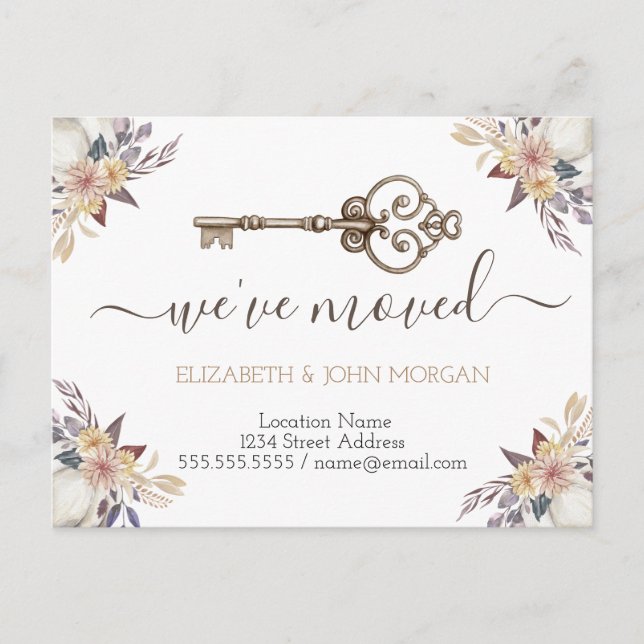 Jag har Flyttat Nyckel Flowers Nya adress tillkänn Meddelande Vykort (Framsida)