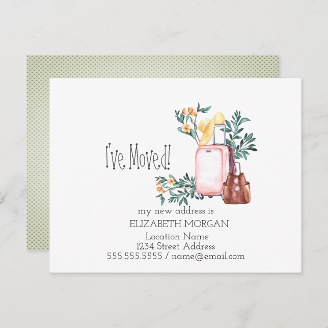 Jag Har Flyttat, Resväskor, Blommor Ny Adress Meddelande (Fram/baksida)