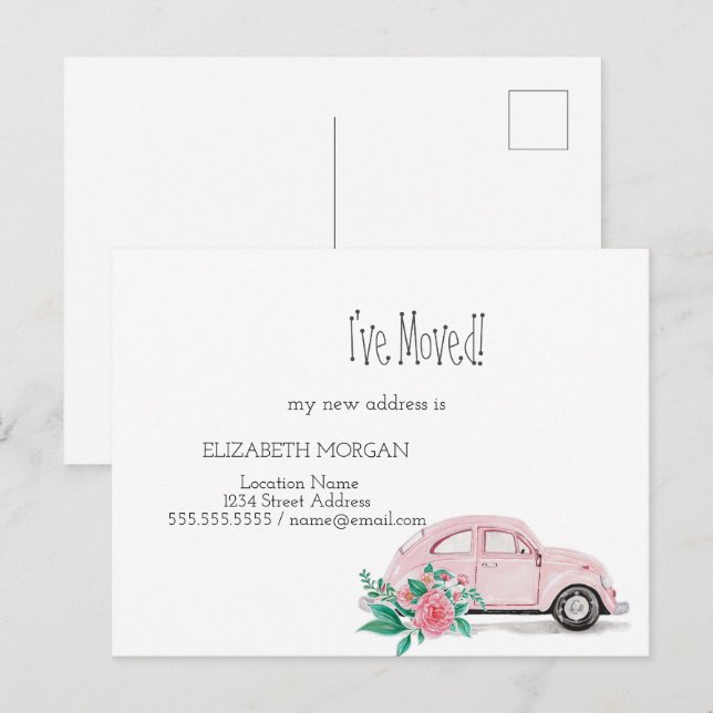 Jag har Flyttat,Rosa med vattenfärg, Blommor Nya a Meddelande Vykort (Fram/baksida)