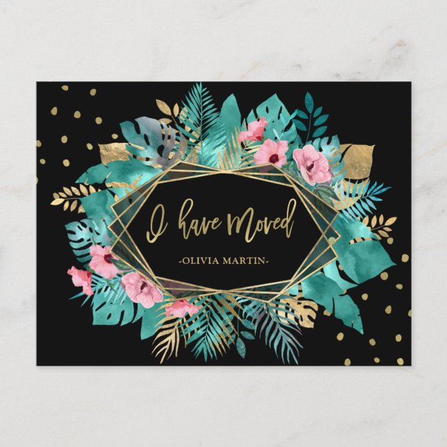 Jag har Flyttat | Tropical Guld Löv Flytta Vykort (Framsida)