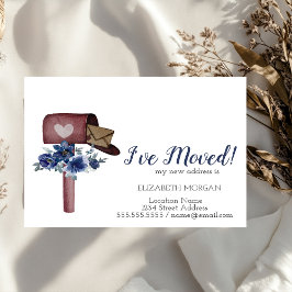 Jag har flyttat,Vattenfärg Postlåda Blå Blommor Meddelande Vykort