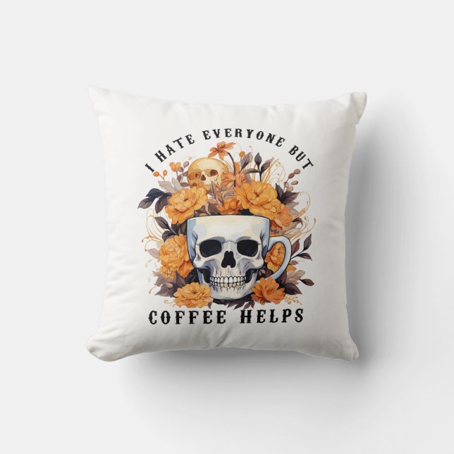 Jag hatar alla utom kaffe Hjälp Skeleton Halloween Kudde (Framsida)