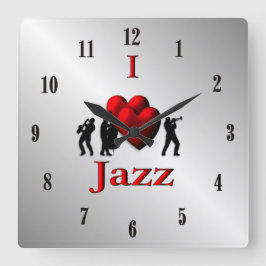 Jag Heart Jazz Music Silver w Black Numbers Fyrkantig Klocka