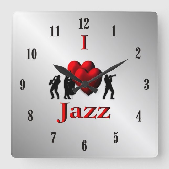 Jag Heart Jazz Music Silver w Black Numbers Fyrkantig Klocka (Framsida)