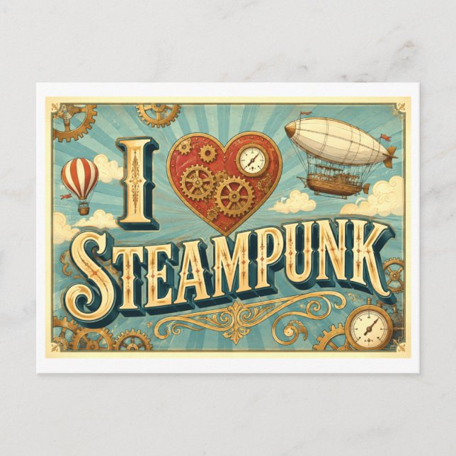 "Jag [Hjärta] Steampunk" Vykort (Framsida)