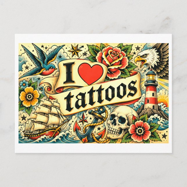 "Jag [hjärta] tatueringar" Vykort (Framsida)