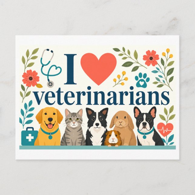 "Jag [Hjärta] Veterinärer" Vykort (Framsida)