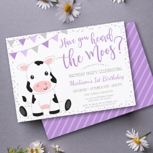 Jag hörde Moos Lila Girl Girl Cow Birthday Inbjudningar