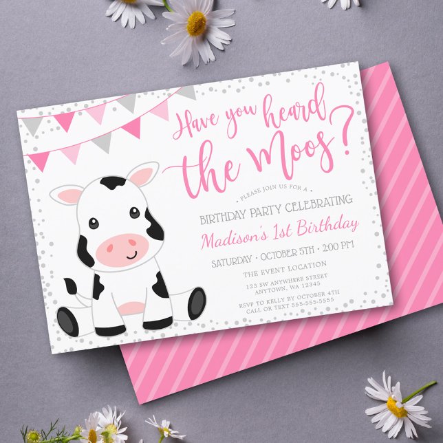 Jag hörde Moos Rosa Girl Girl Cow Birthday Inbjudningar (Skapare uppladdad)