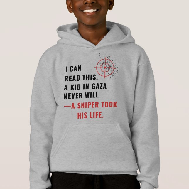 "Jag kan läsa det här. En Kid i Gaza Will'Hoodie T Shirt (Framsida)