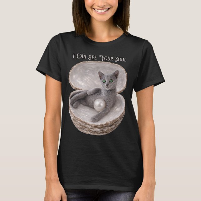 Jag kan se din själ Rolig rysk blå kattdesign T Shirt (Framsida)
