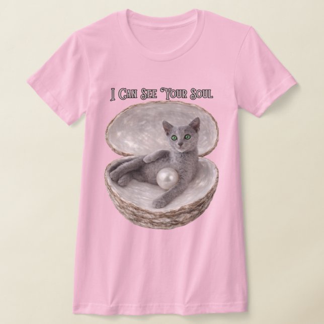 Jag kan se din själ Rolig rysk blå kattdesign T Shirt (Laydown)