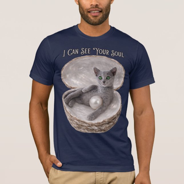 Jag kan se din själ Rolig rysk blå kattdesign T Shirt (Framsida)