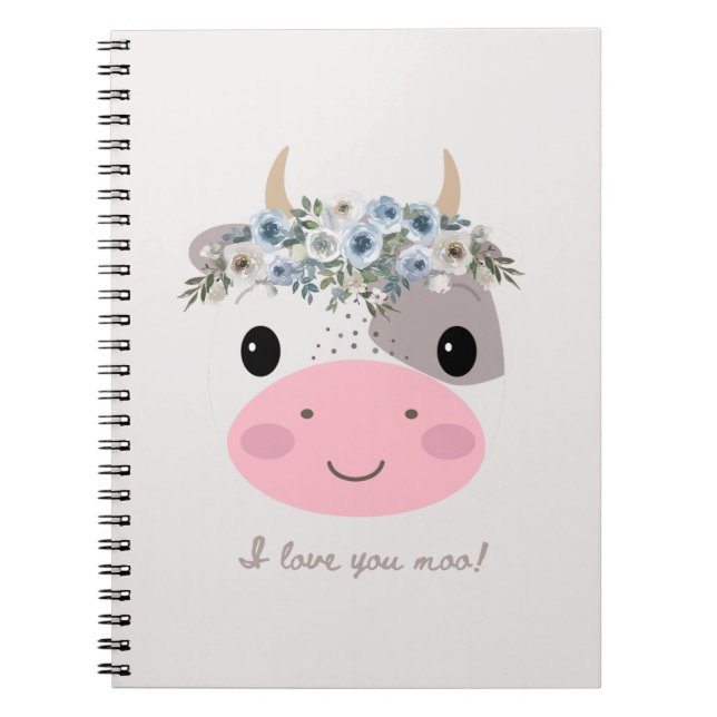 Jag kärlek! Cute Cow med Blommigt andedräkt Anteckningsbok (Framsidan)