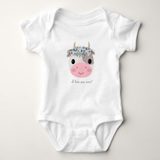 Jag kärlek! Cute Cow med Blommigt andedräkt T Shirt (Framsida)