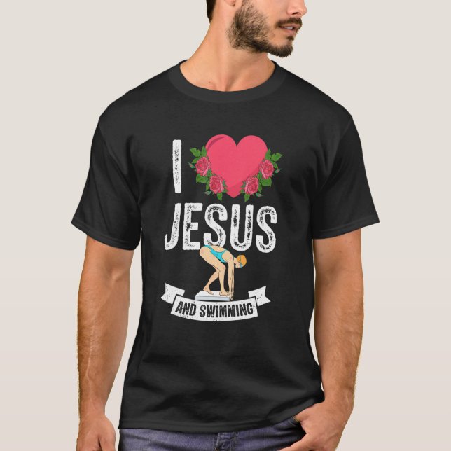 Jag Kärlek Jesus Swimming Swimmer Simma Coch Themu T Shirt (Framsida)