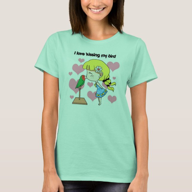 Jag kärlek kysser min söta tecknad av fågel t-shirt (Framsida)