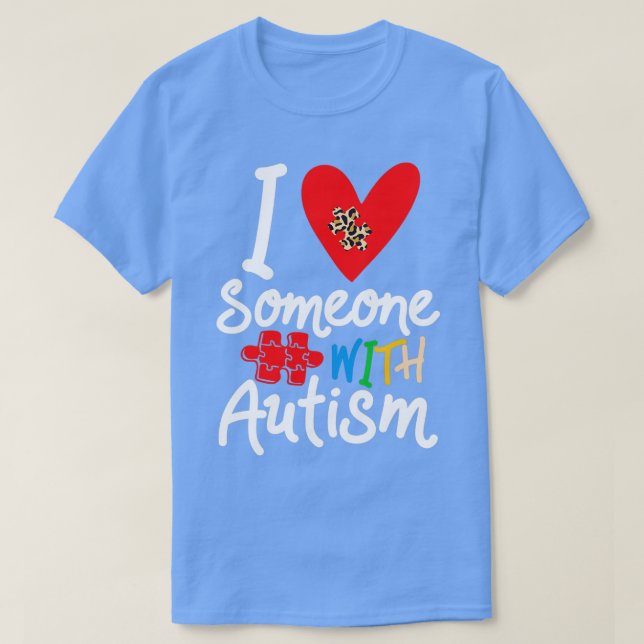 Jag Kärlek någon med autismmedvetande Leopard Hear T Shirt (Design framsida)