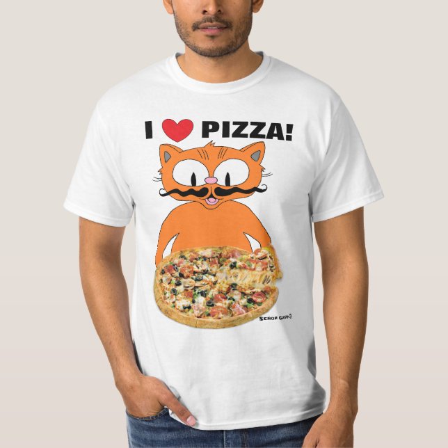Jag kärlek pizza! Lustigt Cute Tecknad Mustache Ca T Shirt (Framsida)