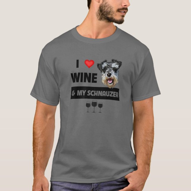 Jag Kärlek Vin och mina Schnauzer Mamma Pappa Hund T Shirt (Framsida)