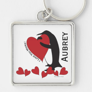 Jag Kärlekar dig mer! Penguin och Red Heart Fyrkantig Silverfärgad Nyckelring