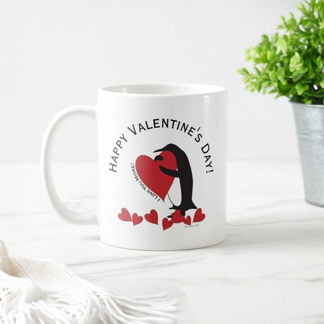 Jag Kärlekar dig mer! Penguin Red Heart Valentine Kaffemugg (Skapare uppladdad)